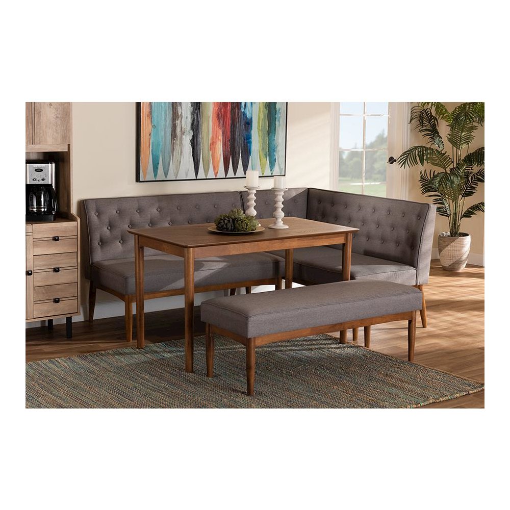 Grey Fabric Upholstered and Walnut Brown Finished Wood 4-Piece Dining Nook Set. Picture 23