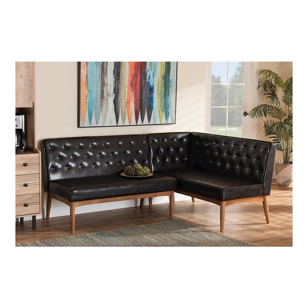 Leather Upholstered Walnut Brown Finished Wood 2-Piece Dining Nook Banquette Set. Picture 17