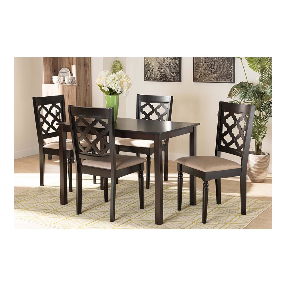 Sand Fabric Upholstered and Dark Brown Finished Wood 5-Piece Dining Set. Picture 19