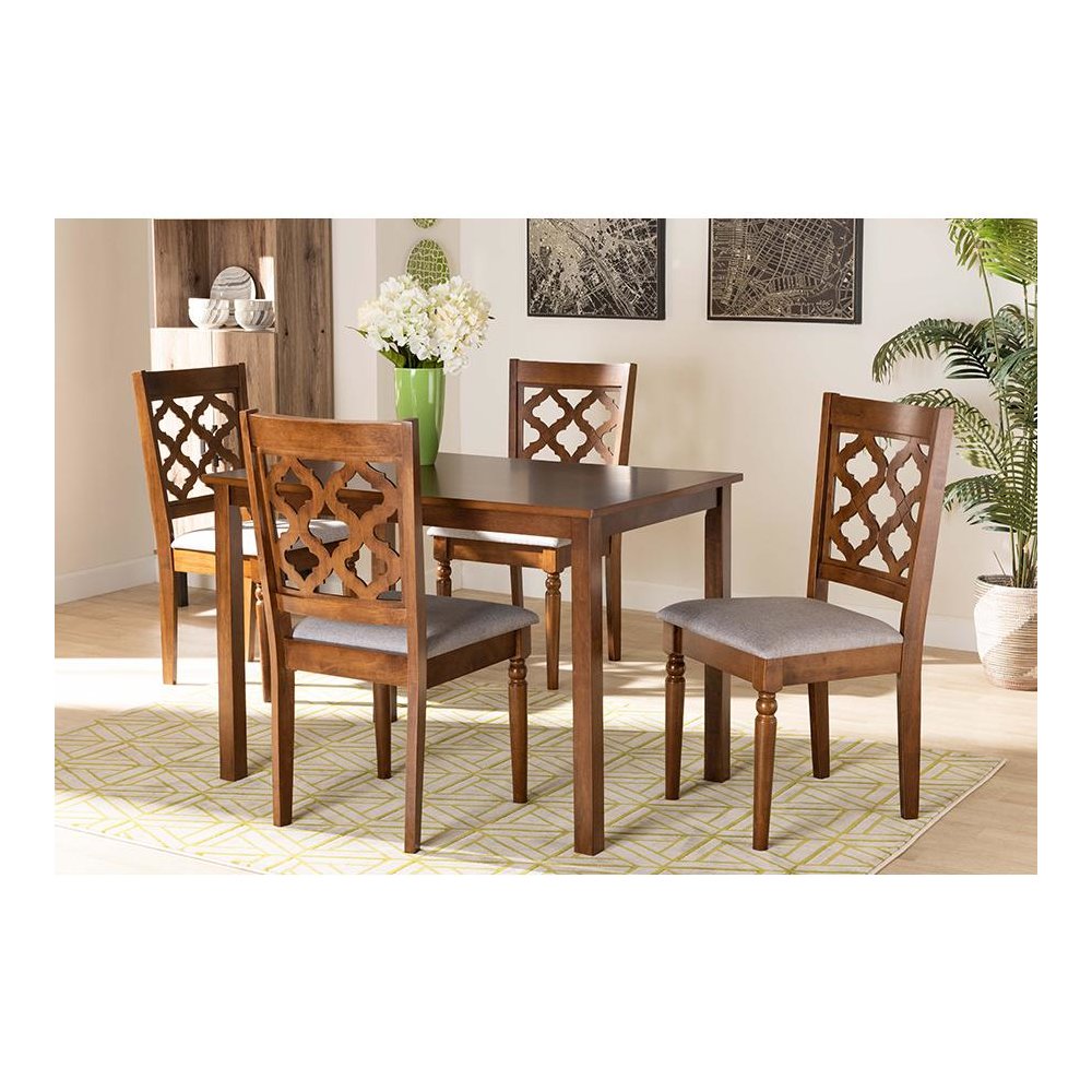 Grey Fabric Upholstered and Walnut Brown Finished Wood 5-Piece Dining Set. Picture 19