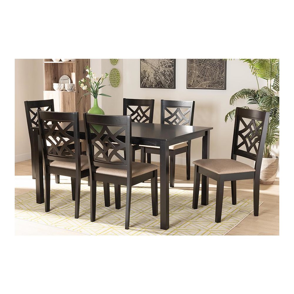 Sand Fabric Upholstered and Dark Brown Finished Wood 7-Piece Dining Set. Picture 19