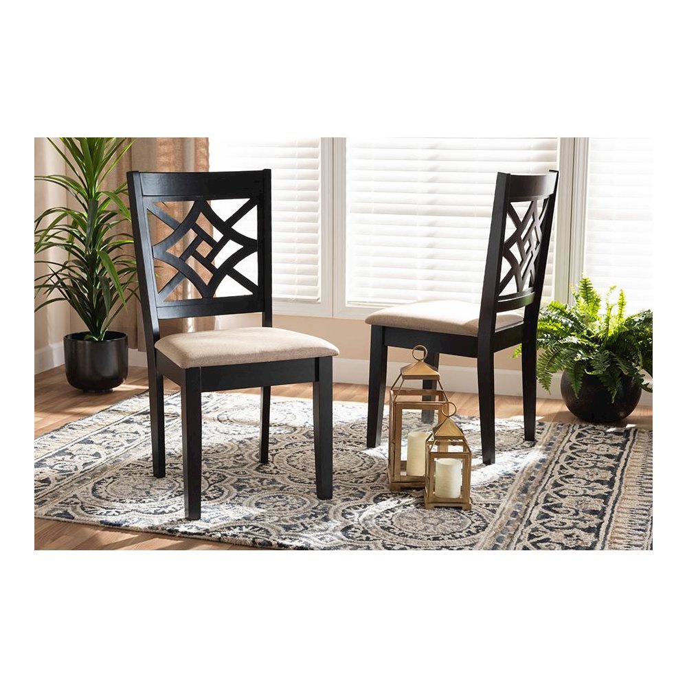 Sand Fabric Upholstered and Dark Brown Finished Wood 2-Piece Dining Chair Set. Picture 17