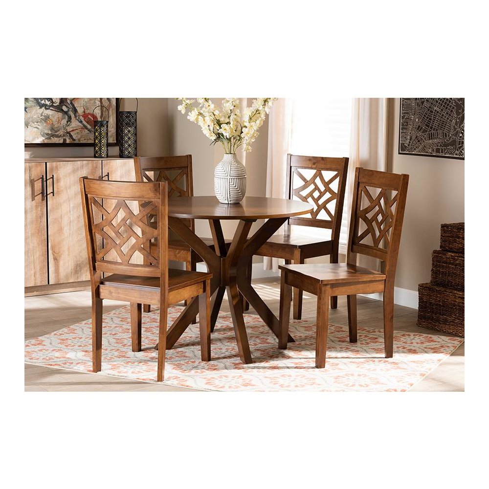 Miela Modern and Contemporary Walnut Brown Finished Wood 5-Piece Dining Set. Picture 19