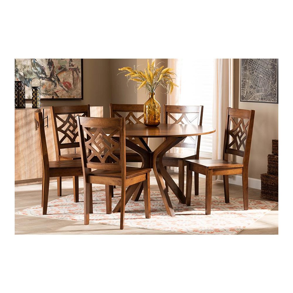 Miela Modern and Contemporary Walnut Brown Finished Wood 7-Piece Dining Set. Picture 19