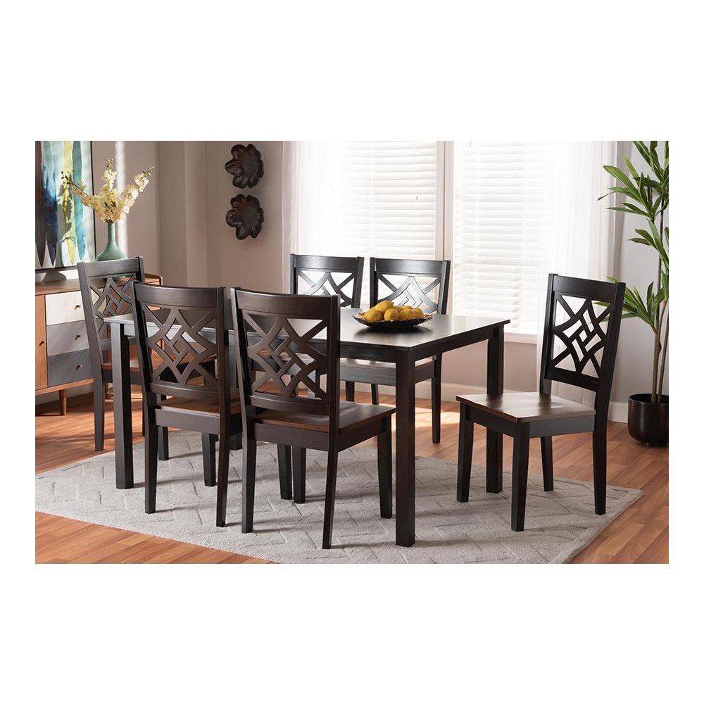 Two-Tone Dark Brown and Walnut Brown Finished Wood 7-Piece Dining Set. Picture 19