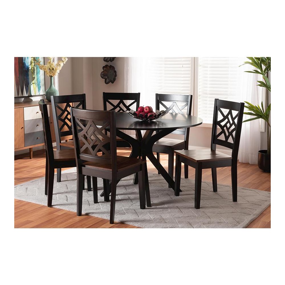 Two-Tone Dark Brown and Walnut Brown Finished Wood 7-Piece Dining Set. Picture 19