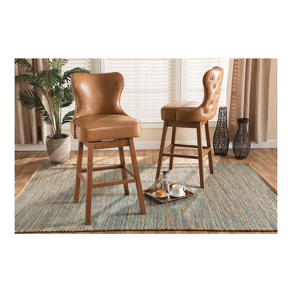Leather Upholstered and Walnut Brown Finished Wood 2-Piece Swivel Bar Stool Set. Picture 19