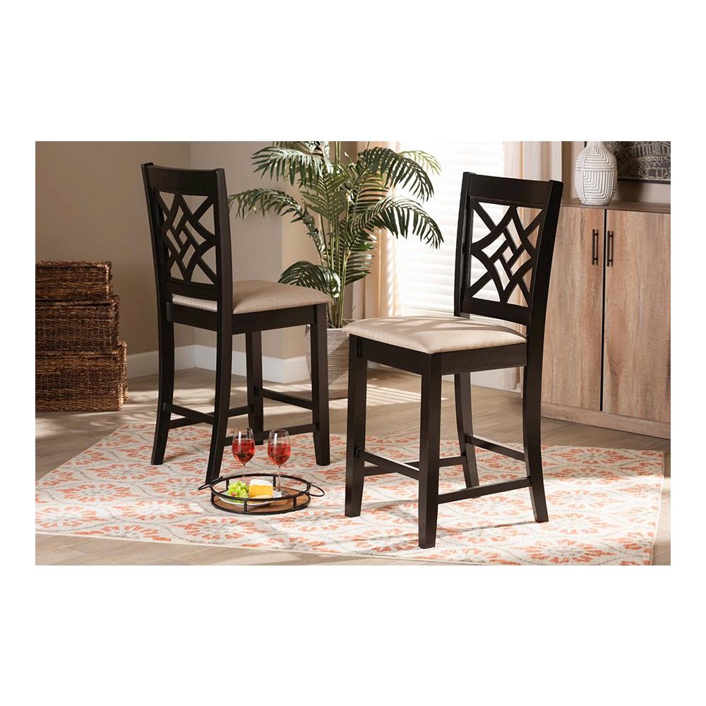 Sand Fabric Upholstered and Dark Brown Finished Wood 2-Piece Counter Stool Set. Picture 17