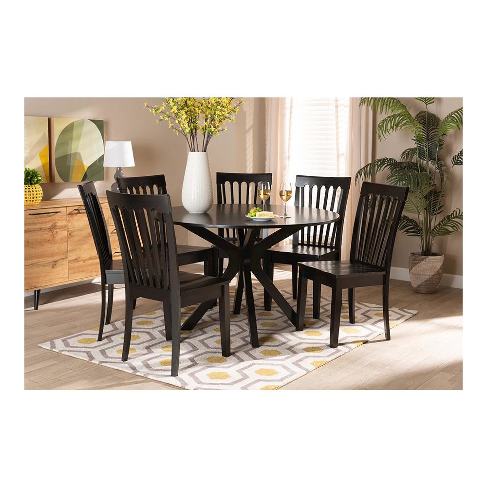 Zora Modern and Contemporary Dark Brown Finished Wood 7-Piece Dining Set. Picture 19