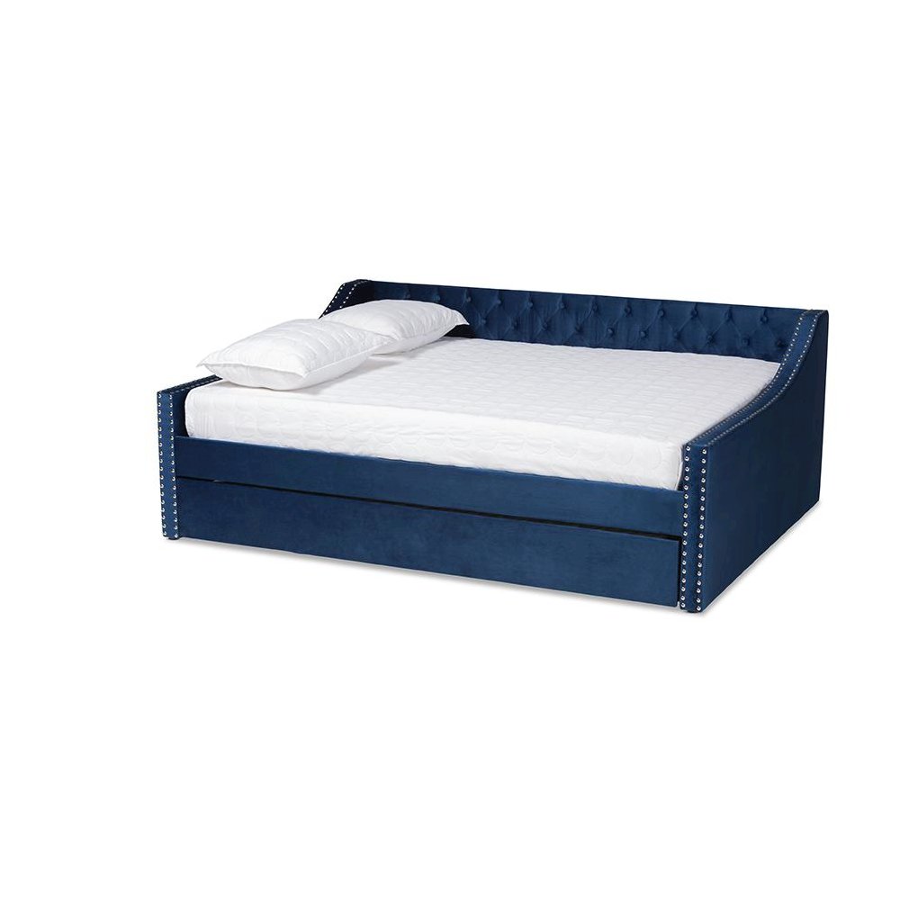Navy Blue Velvet Fabric Upholstered Queen Size Daybed with Trundle. Picture 1