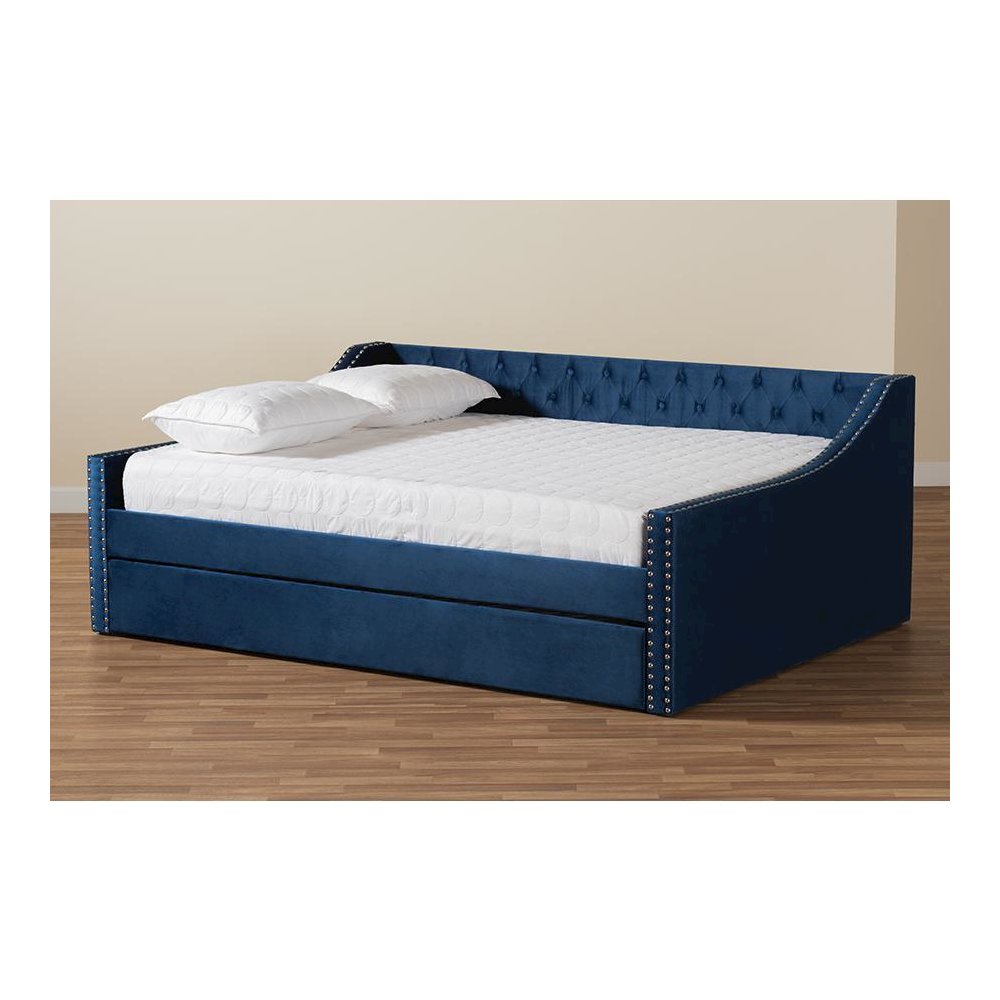 Navy Blue Velvet Fabric Upholstered Queen Size Daybed with Trundle. Picture 10