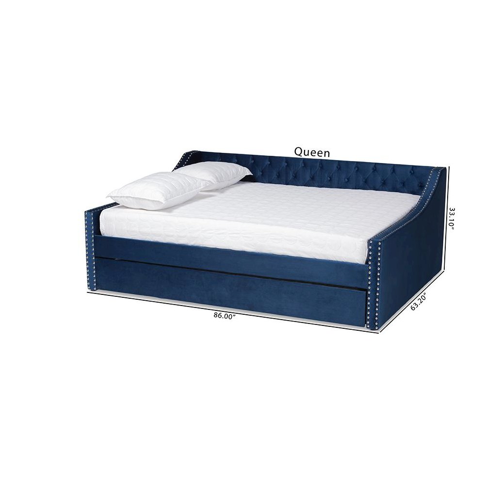 Navy Blue Velvet Fabric Upholstered Queen Size Daybed with Trundle. Picture 12