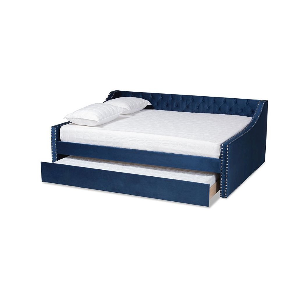 Navy Blue Velvet Fabric Upholstered Queen Size Daybed with Trundle. Picture 2