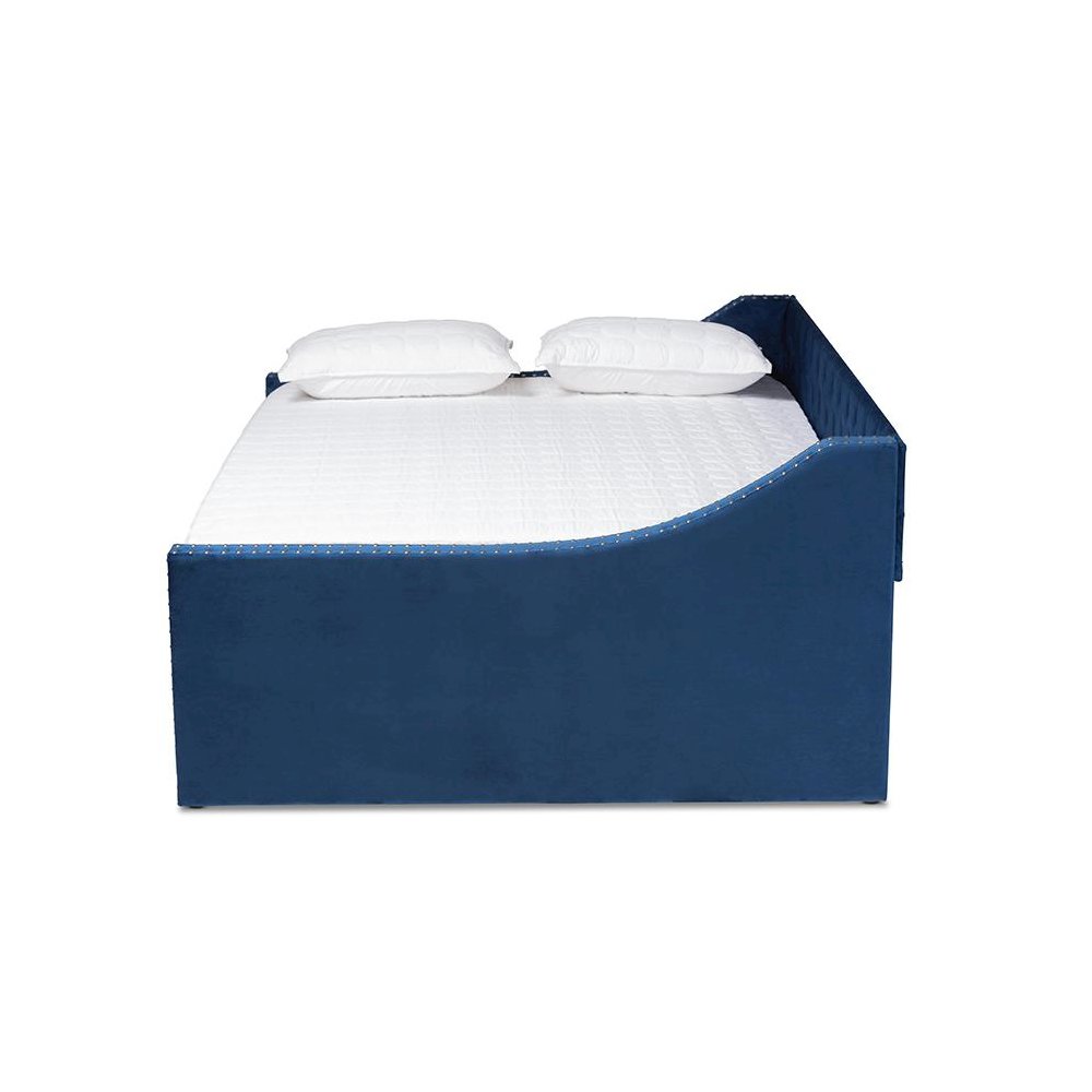 Navy Blue Velvet Fabric Upholstered Queen Size Daybed with Trundle. Picture 3