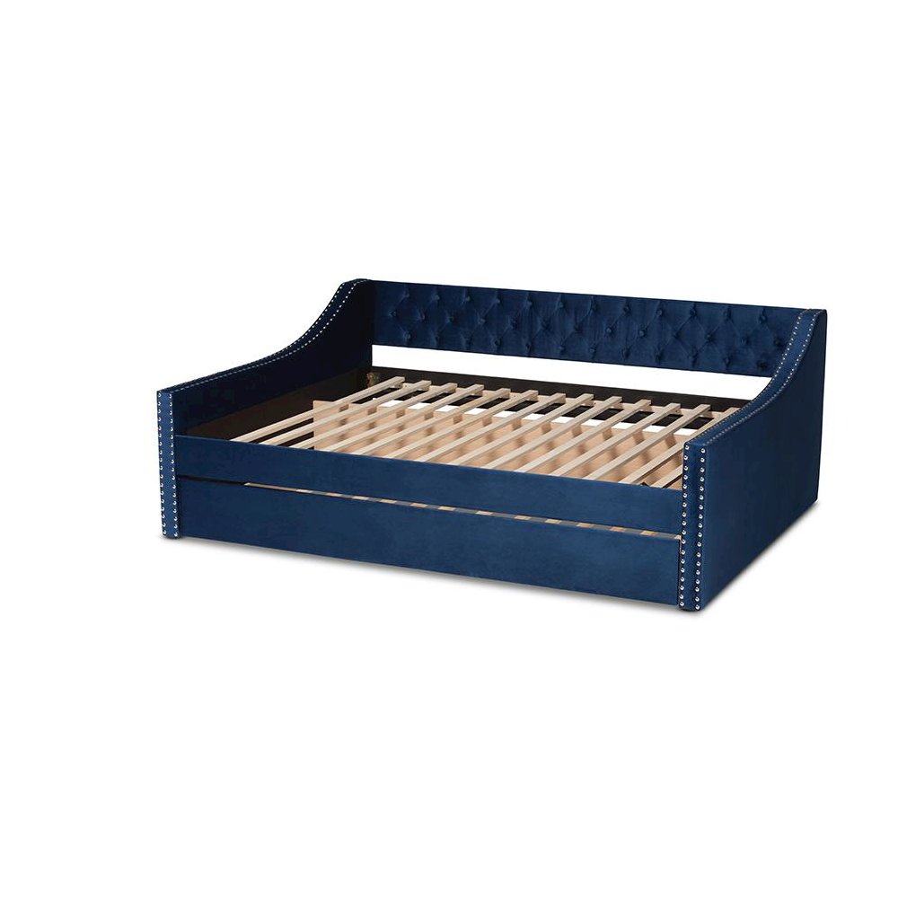 Navy Blue Velvet Fabric Upholstered Queen Size Daybed with Trundle. Picture 4