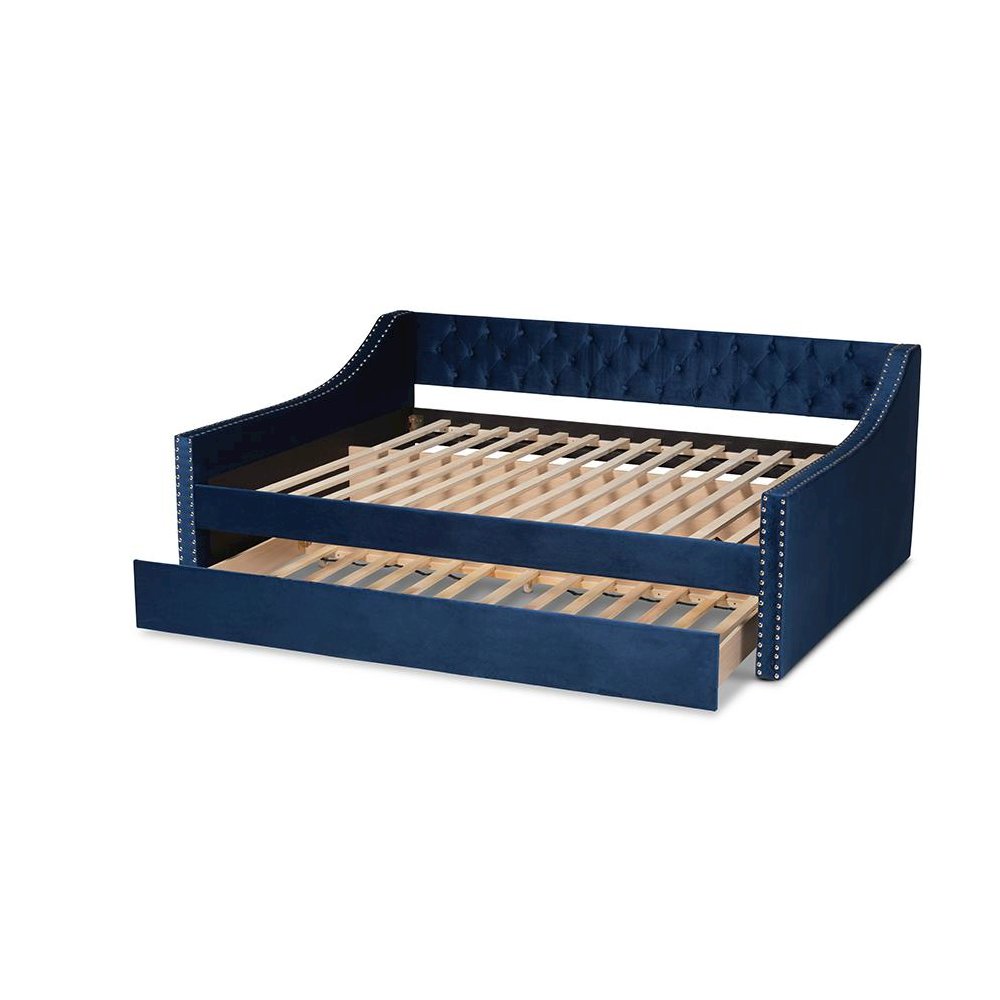Navy Blue Velvet Fabric Upholstered Queen Size Daybed with Trundle. Picture 5