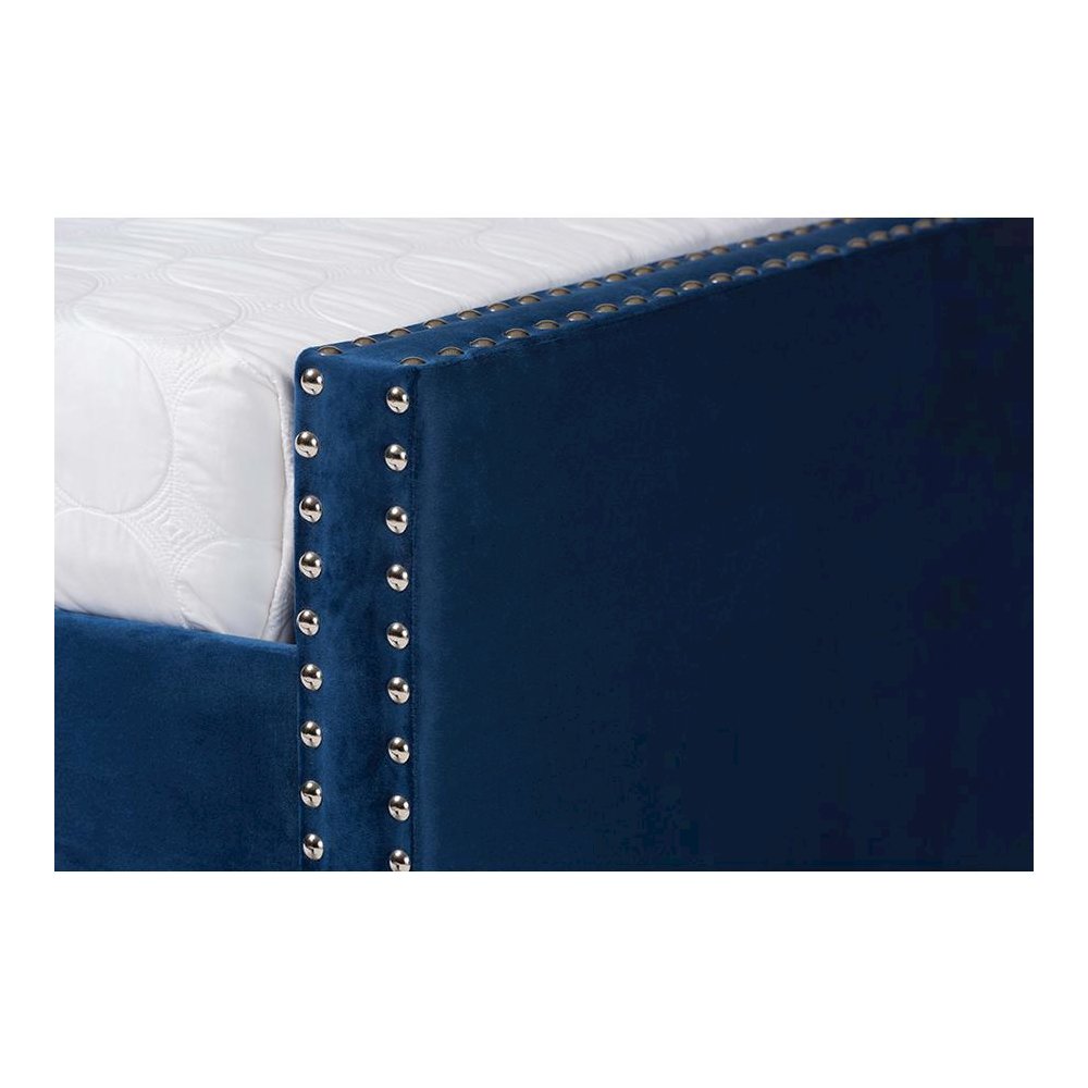Navy Blue Velvet Fabric Upholstered Queen Size Daybed with Trundle. Picture 7