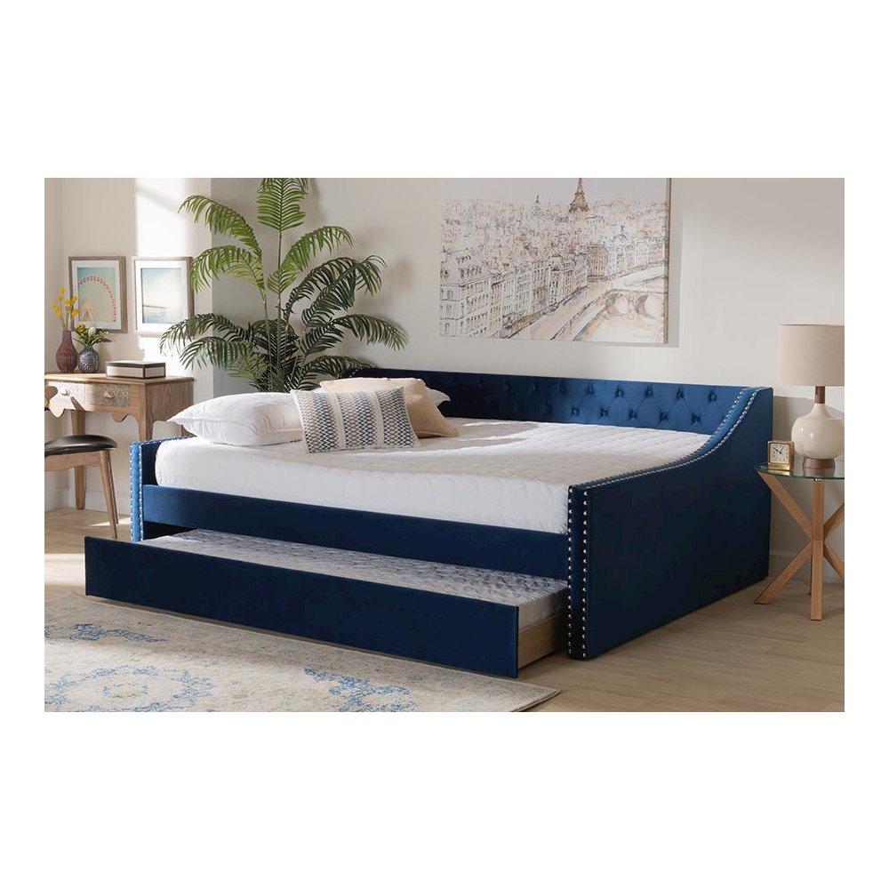 Navy Blue Velvet Fabric Upholstered Queen Size Daybed with Trundle. Picture 9