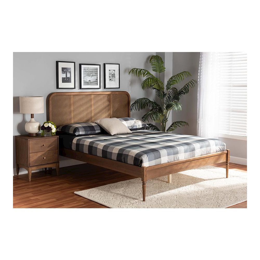 Walnut Brown Finished Wood and Synthetic Rattan Full Size Platform Bed. Picture 23