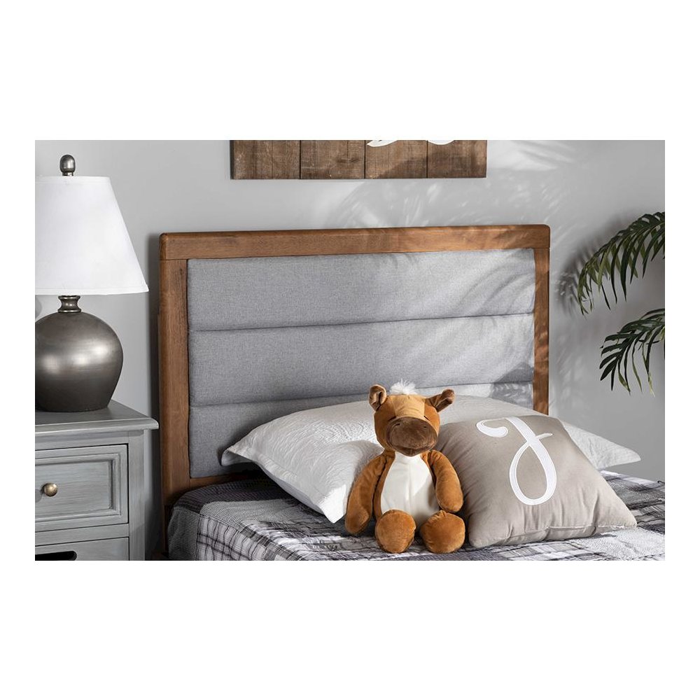 Light Grey Fabric Upholstered and Walnut Brown Finished Wood Twin Size Headboard. Picture 15