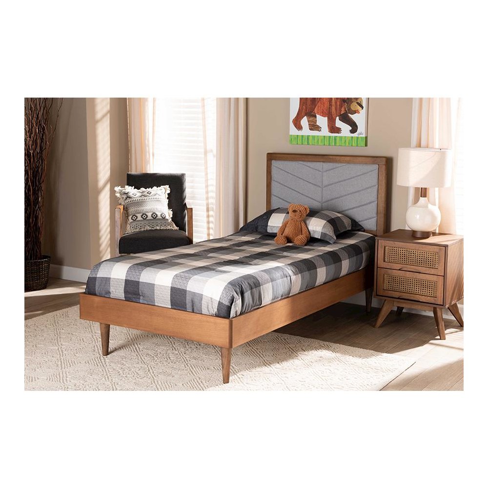 Walnut brown Finished Wood Twin Size Platform Bed. Picture 21