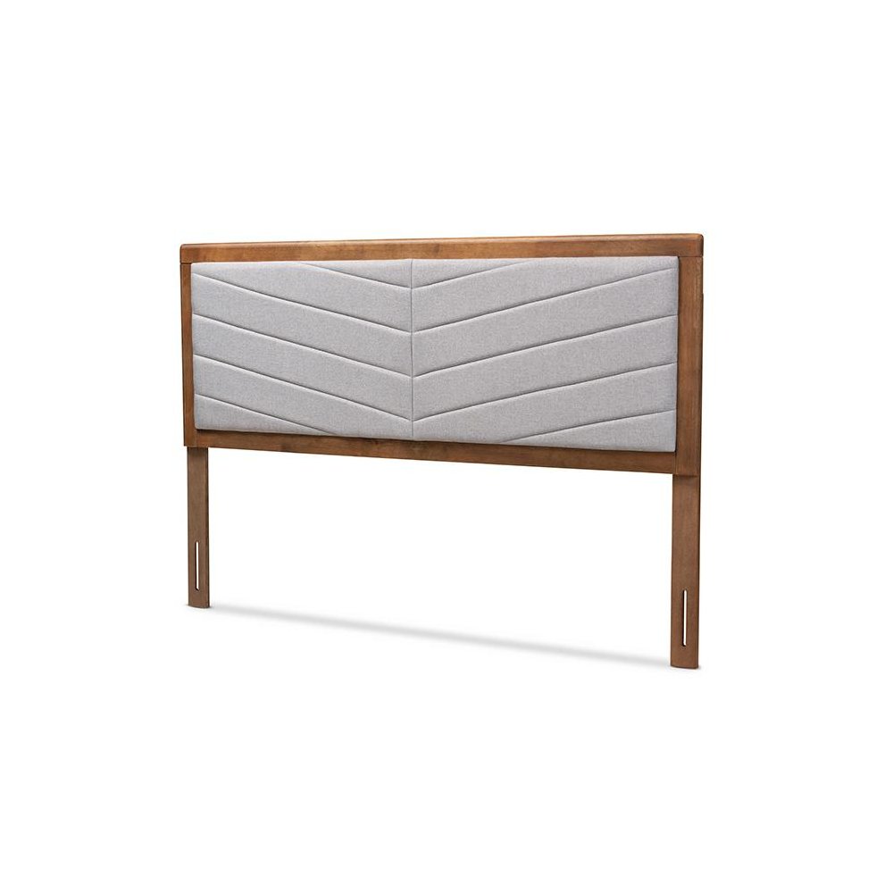 Light Grey Fabric Upholstered and Walnut Brown Finished Wood King Size Headboard. Picture 1