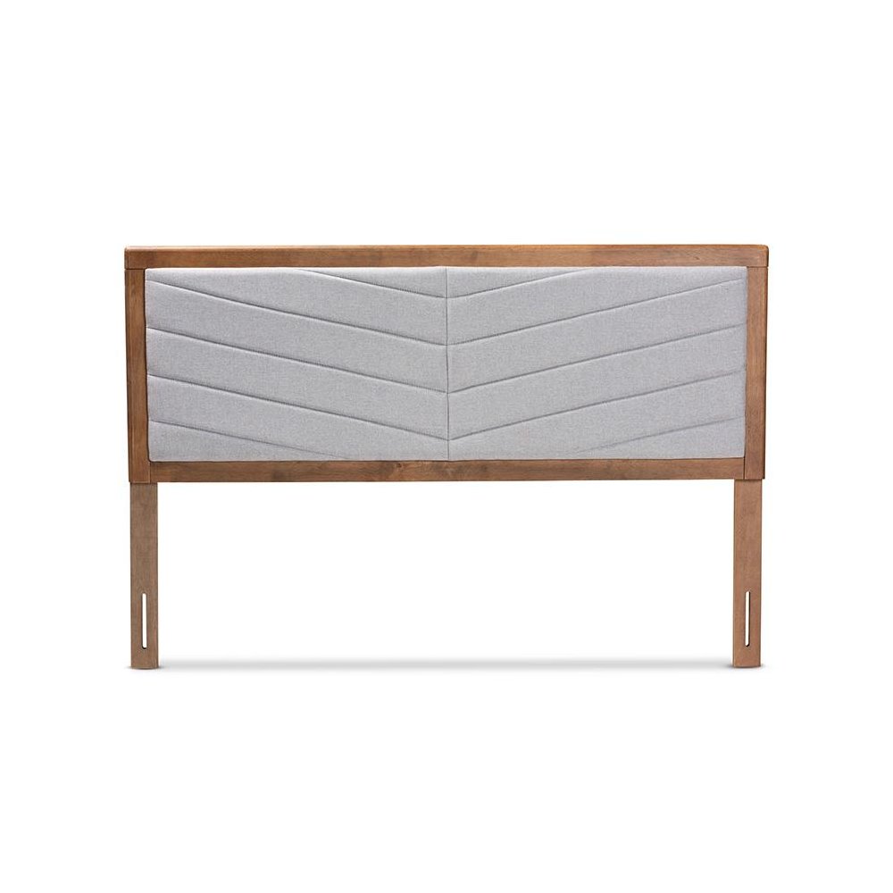 Light Grey Fabric Upholstered and Walnut Brown Finished Wood King Size Headboard. Picture 2