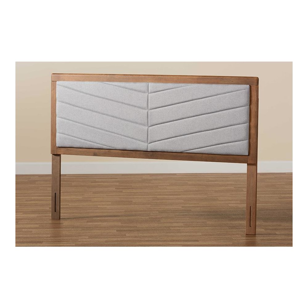Light Grey Fabric Upholstered and Walnut Brown Finished Wood King Size Headboard. Picture 5