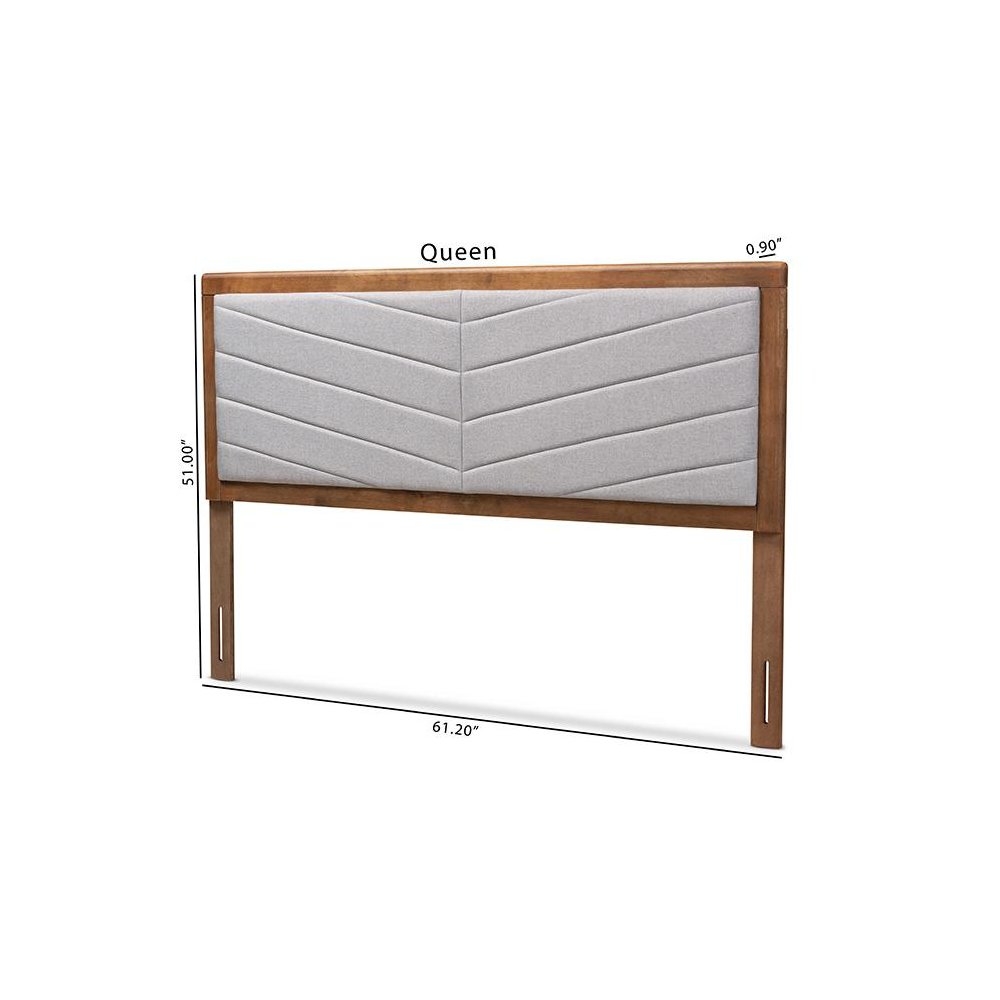 Light Grey Fabric Upholstered and Walnut Brown Finished Wood King Size Headboard. Picture 7