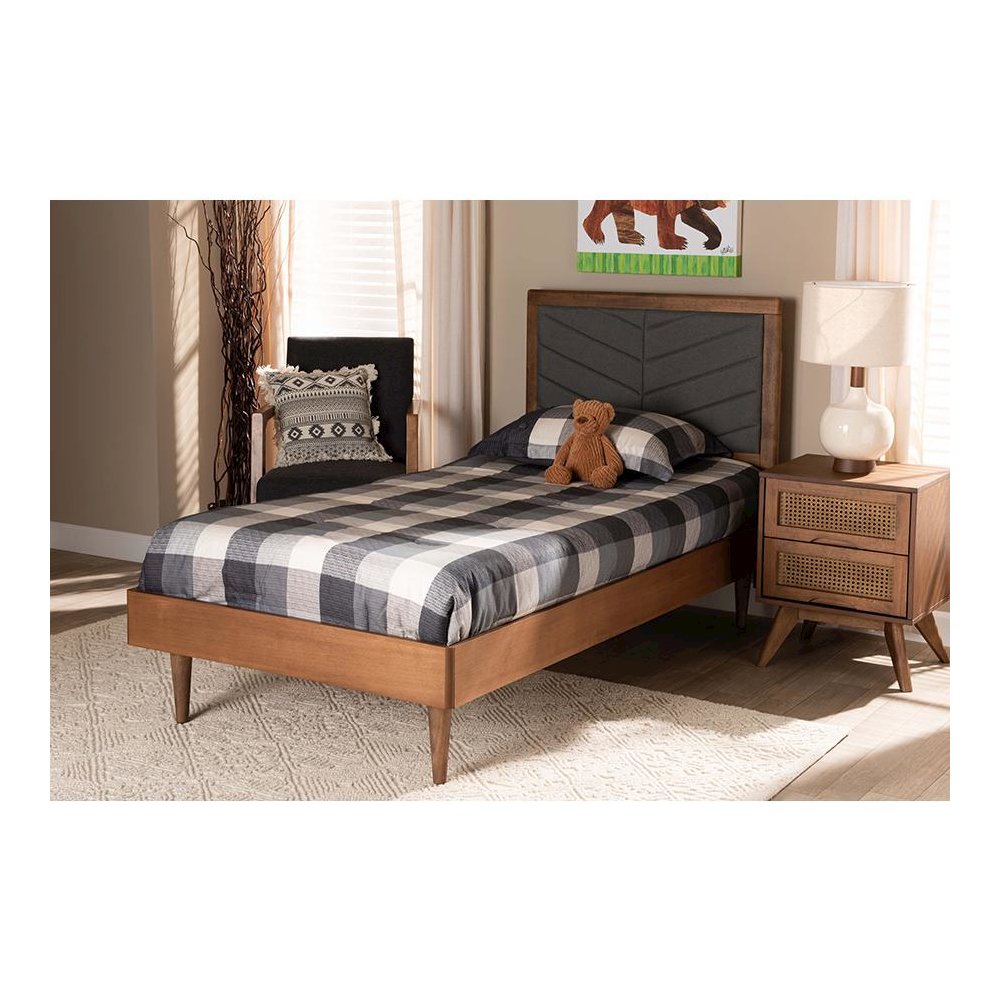 Walnut brown Finished Wood Twin Size Platform Bed. Picture 21
