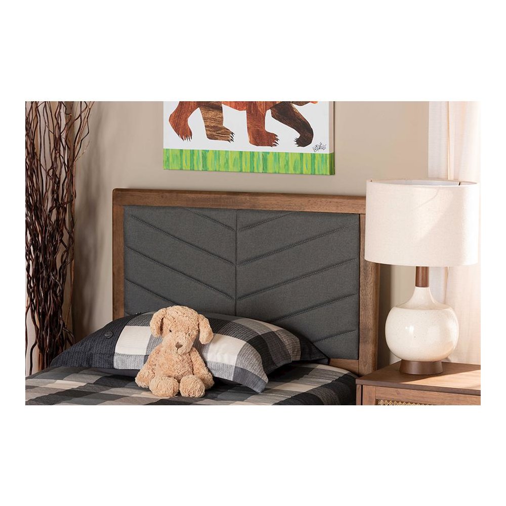 Dark Grey Fabric Upholstered and Walnut Brown Finished Wood Twin Size Headboard. Picture 15