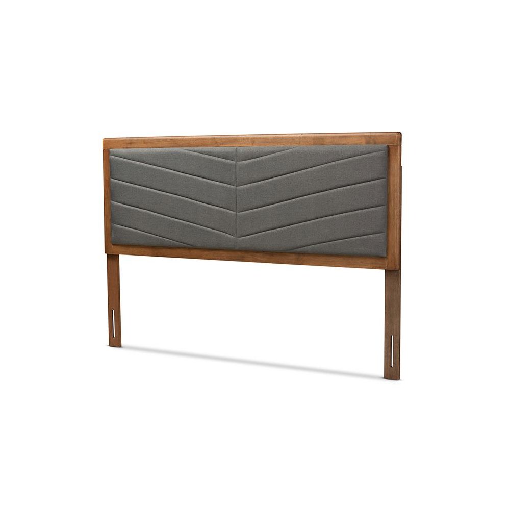 Dark Grey Fabric Upholstered and Walnut Brown Finished Wood King Size Headboard. Picture 1