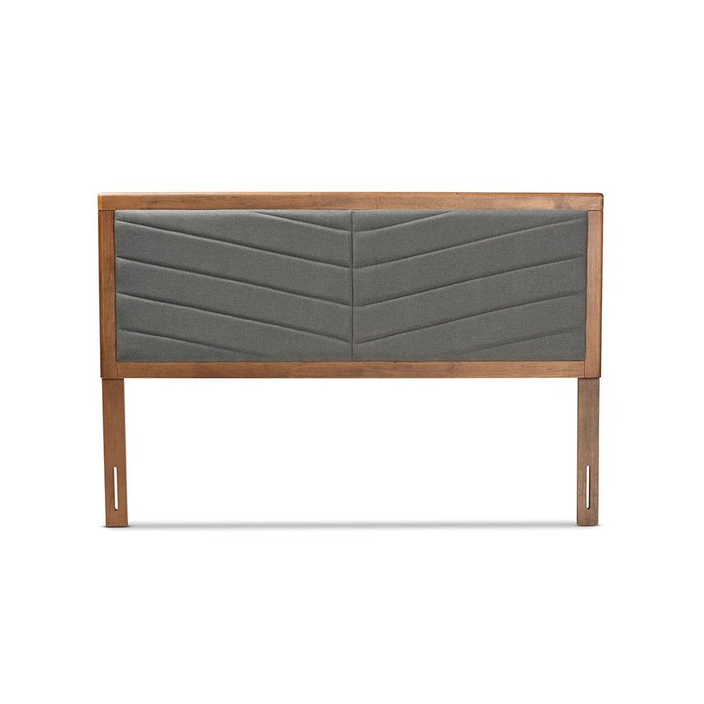 Dark Grey Fabric Upholstered and Walnut Brown Finished Wood King Size Headboard. Picture 2
