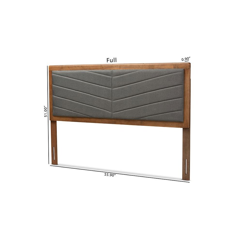 Dark Grey Fabric Upholstered and Walnut Brown Finished Wood King Size Headboard. Picture 6