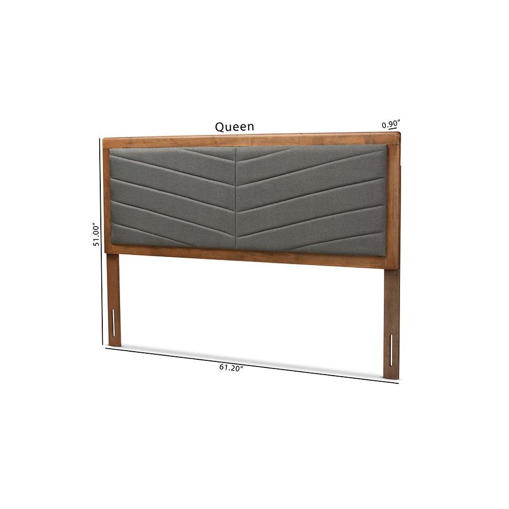 Dark Grey Fabric Upholstered and Walnut Brown Finished Wood King Size Headboard. Picture 7