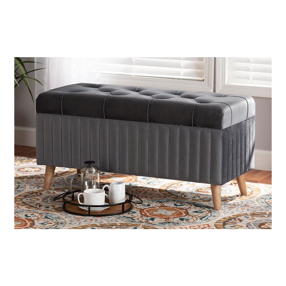 Grey Velvet Fabric Upholstered and Walnut Brown Finished Wood Storage Ottoman. Picture 23