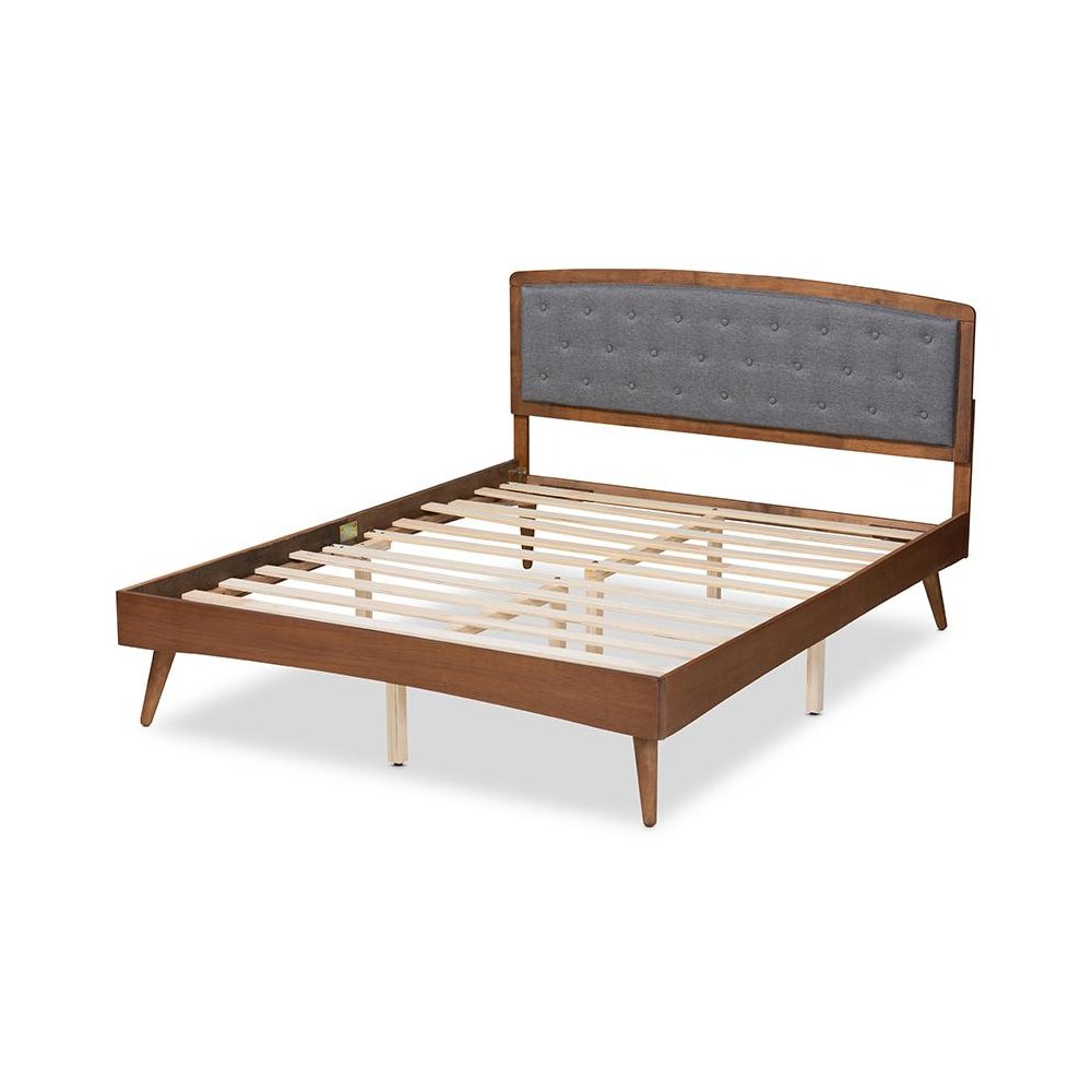 Baxton Studio Ratana Mid-Century Modern Transitional Grey Fabric Upholstered and Walnut Brown Finished Wood King Size Platform Bed. Picture 3