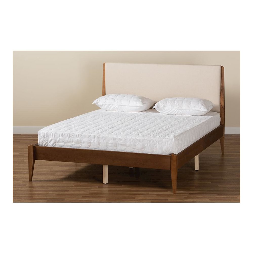 Beige Fabric Upholstered and Walnut Brown Finished Wood Queen Size Platform Bed. Picture 8