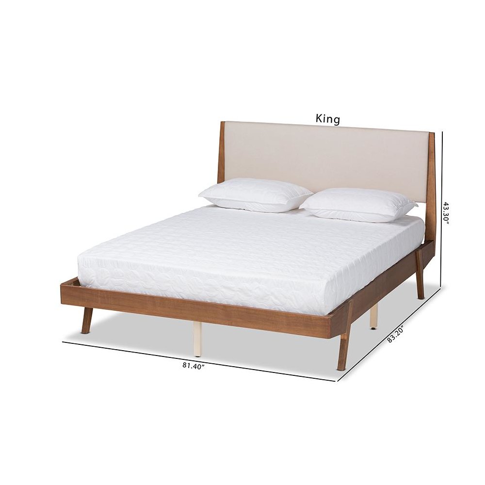 Beige Fabric Upholstered and Walnut Brown Finished Wood Queen Size Platform Bed. Picture 11