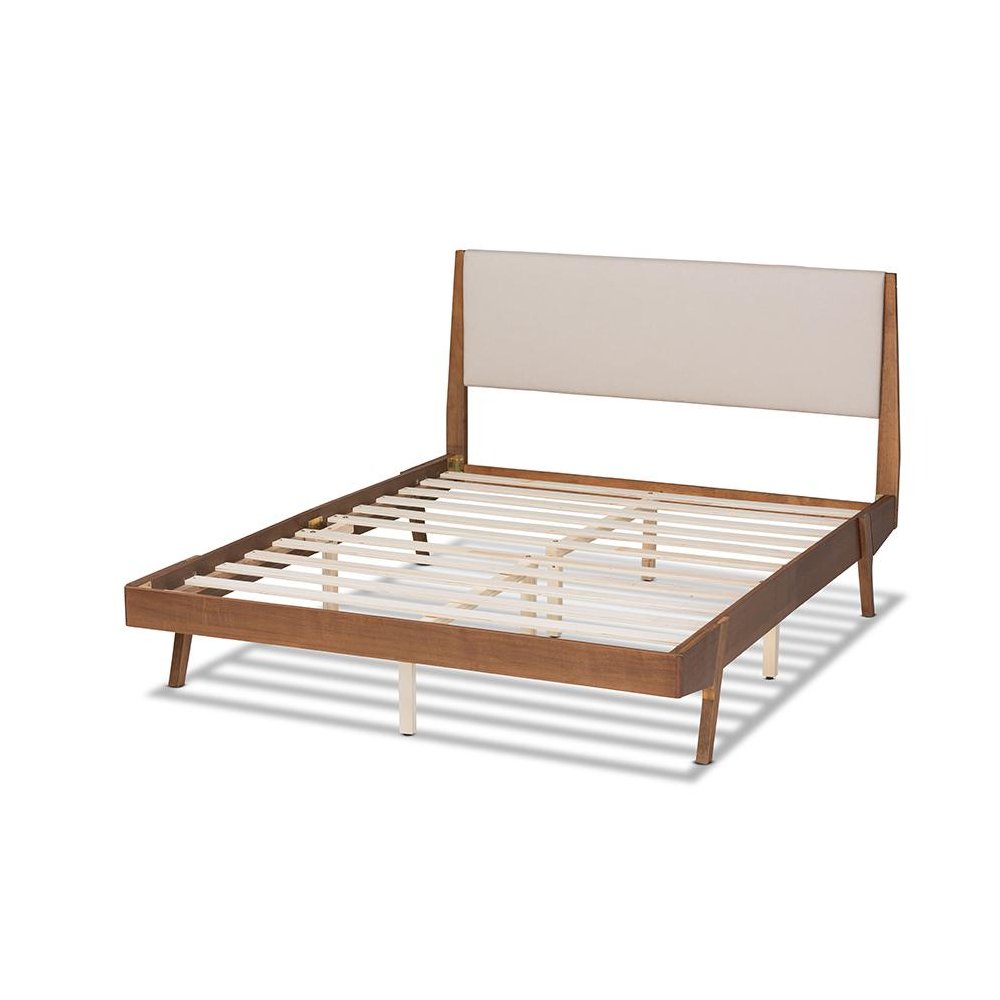 Beige Fabric Upholstered and Walnut Brown Finished Wood Queen Size Platform Bed. Picture 3