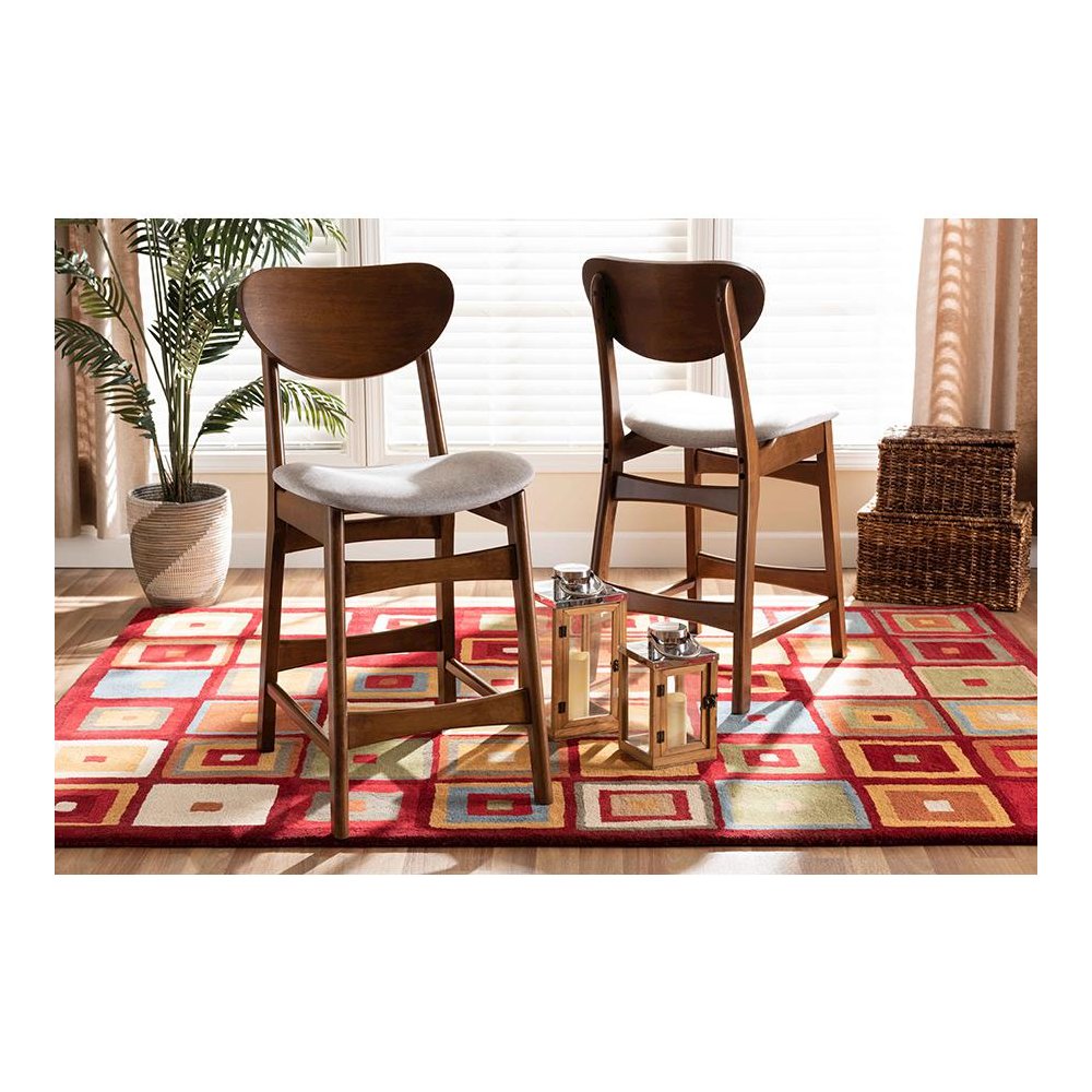 Grey Fabric Upholstered and Walnut Brown Finished Wood 2-Piece Counter Stool Set. Picture 17