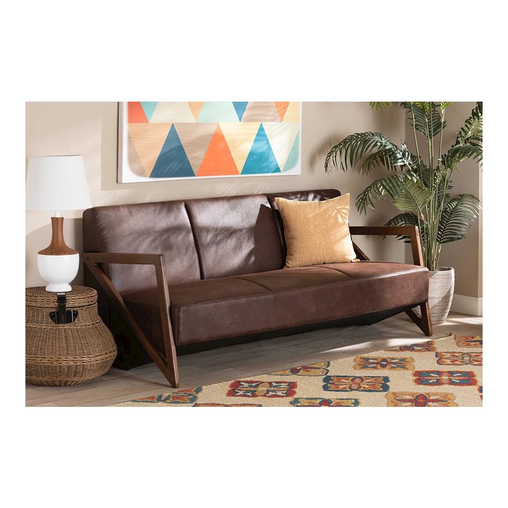 Leather Effect Fabric Upholstered and Walnut Brown Finished Wood Sofa. Picture 21