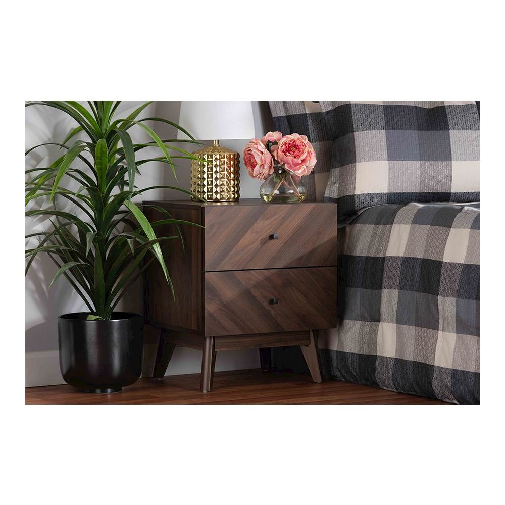 Hartman Mid-Century Modern Walnut Brown Finished Wood 2-Drawer Nightstand. Picture 21