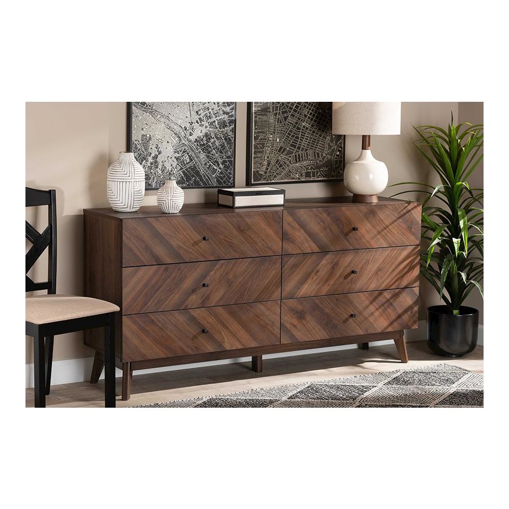 Hartman Mid-Century Modern Walnut Brown Finished Wood 6-Drawer Dresser. Picture 21
