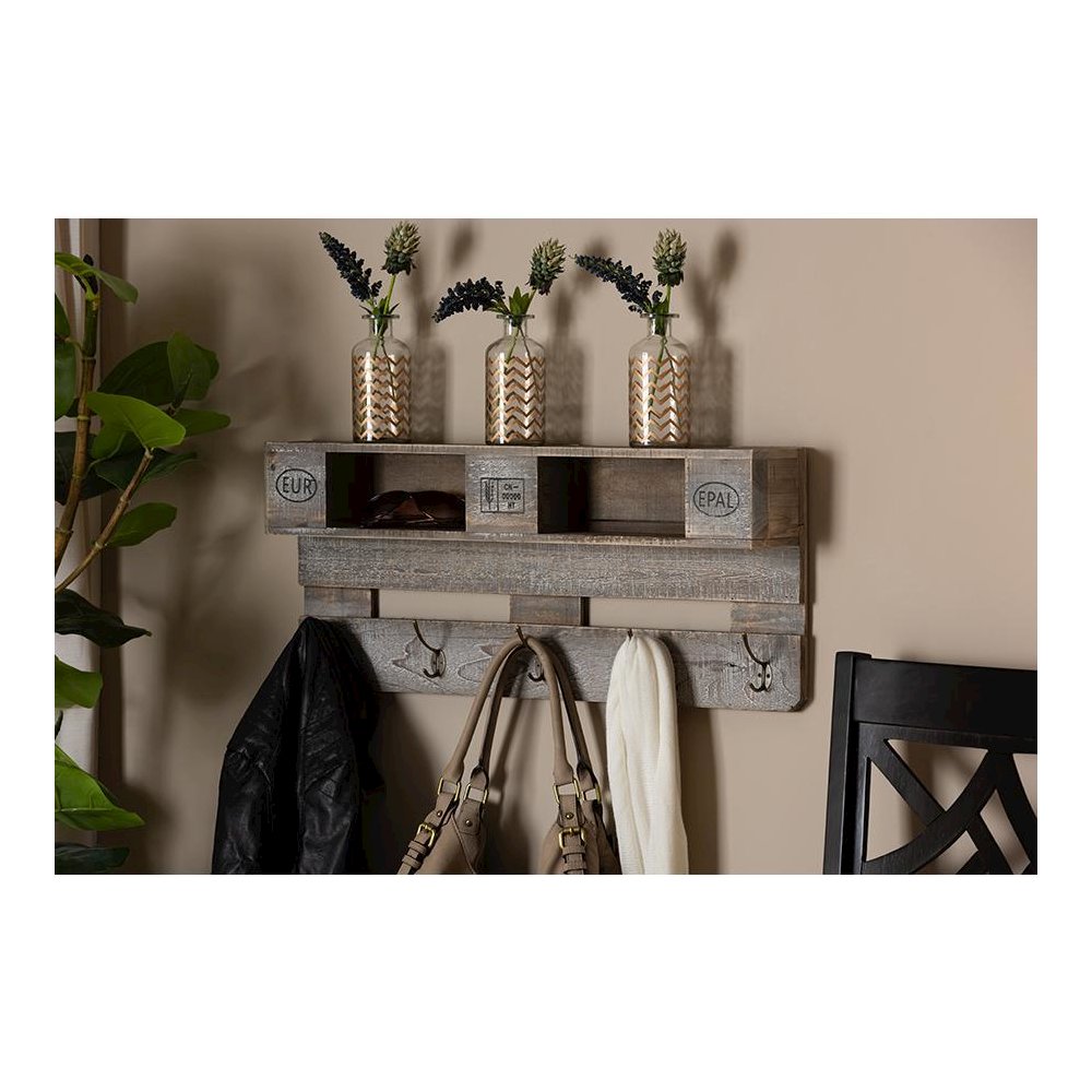 Rustic Whitewashed Grey Oak Finished Wood Wall Mounted Coat Rack with Shelves. Picture 11