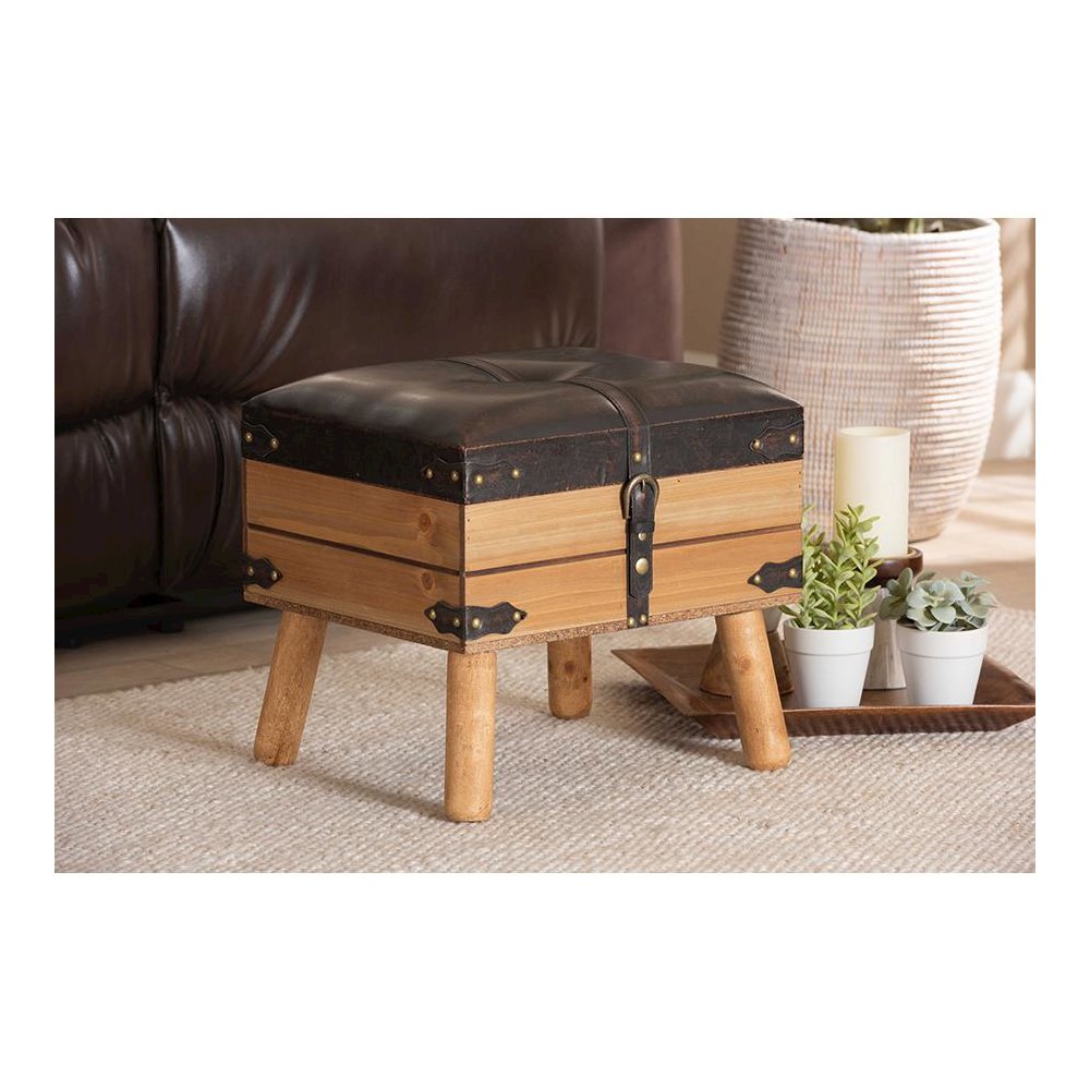 Dark Brown PU Leather Upholstered and Oak Finished Wood Small Storage Ottoman. Picture 23