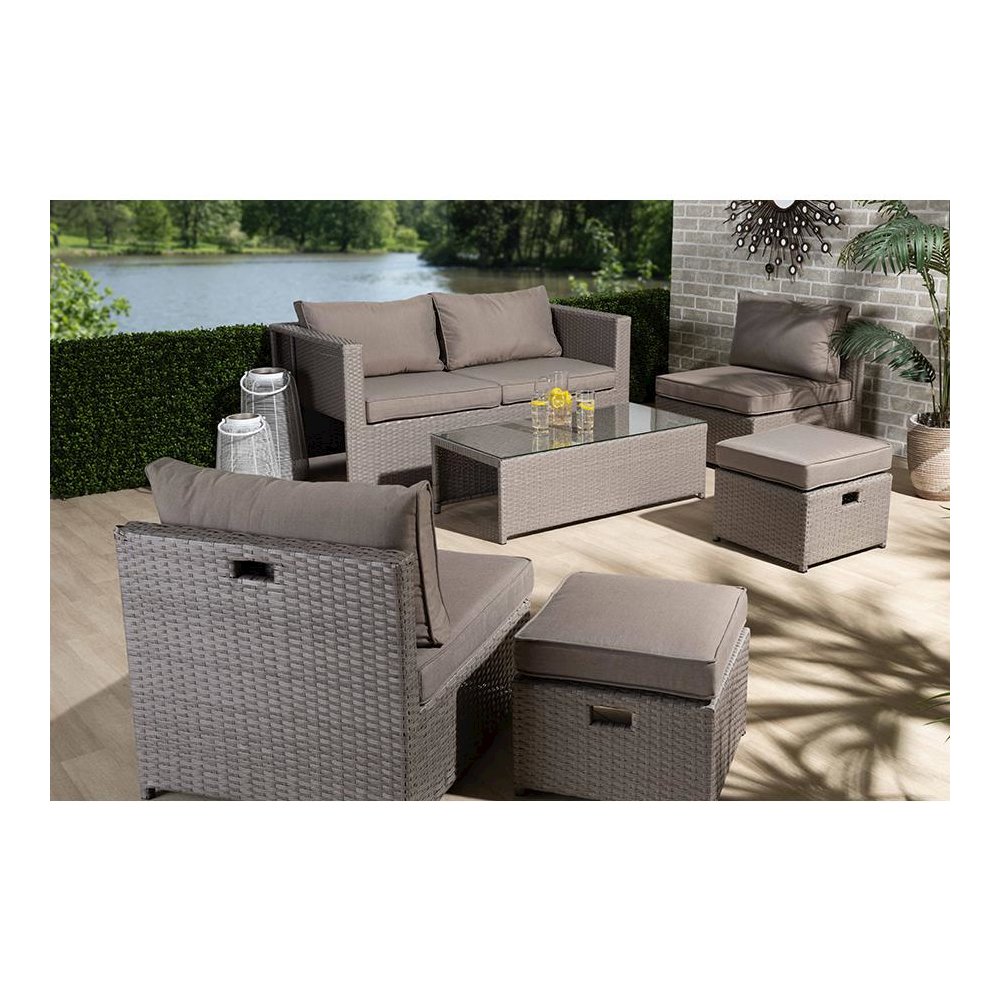 Grey Fabric Upholstered and Grey Finished Synthetic Rattan 6-Piece Patio Set. Picture 17