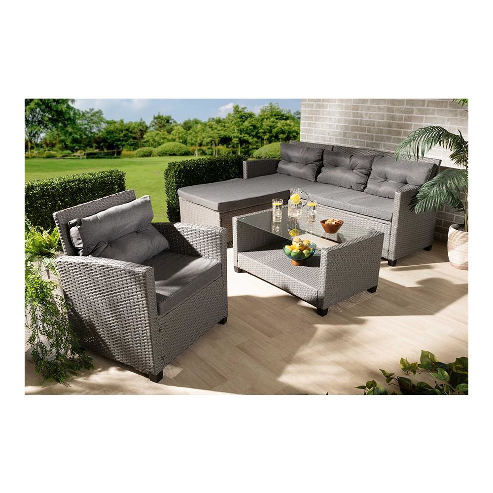 Grey Fabric Upholstered and Grey Synthetic Rattan 4-Piece Patio Set. Picture 21