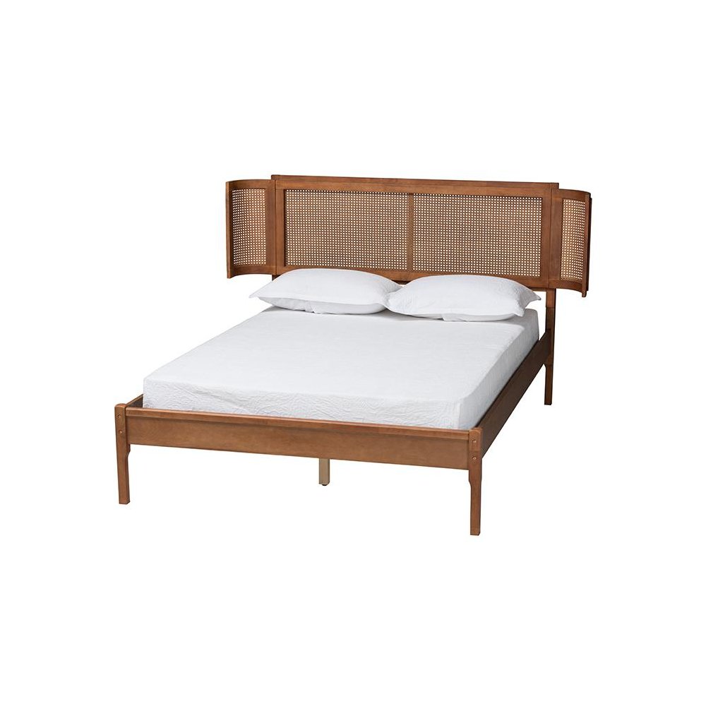 Walnut Brown Finished Wood and Natural Rattan Queen Size Platform Bed. Picture 1