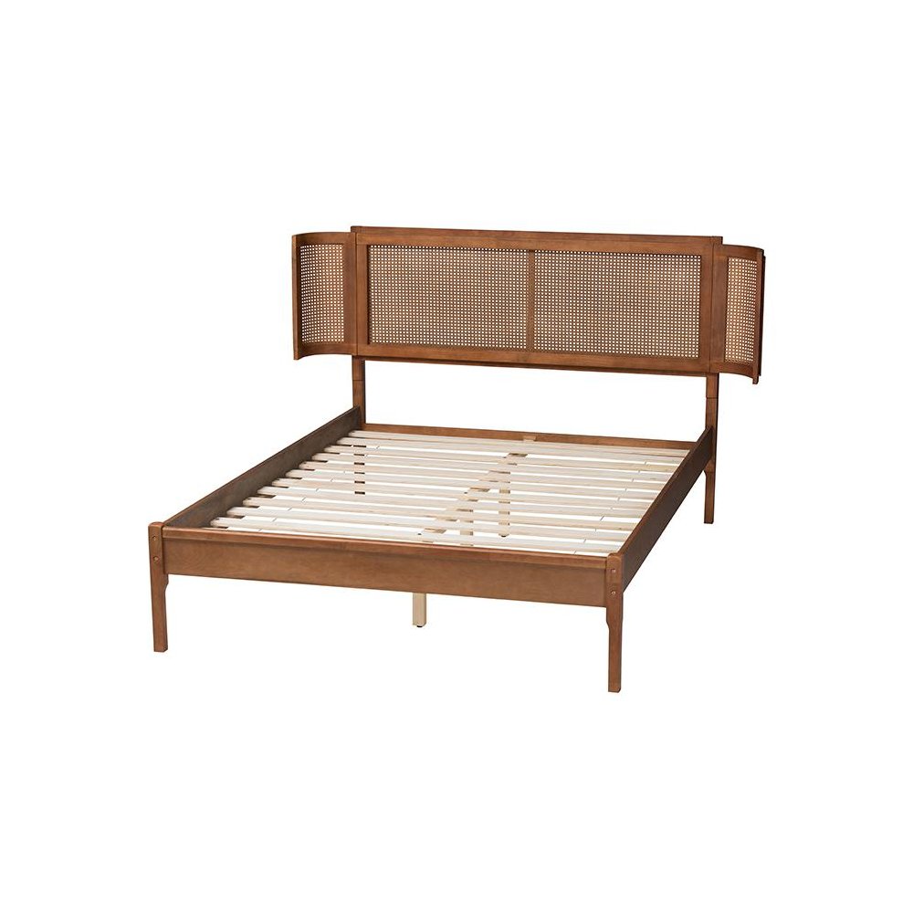 Walnut Brown Finished Wood and Natural Rattan Queen Size Platform Bed. Picture 3